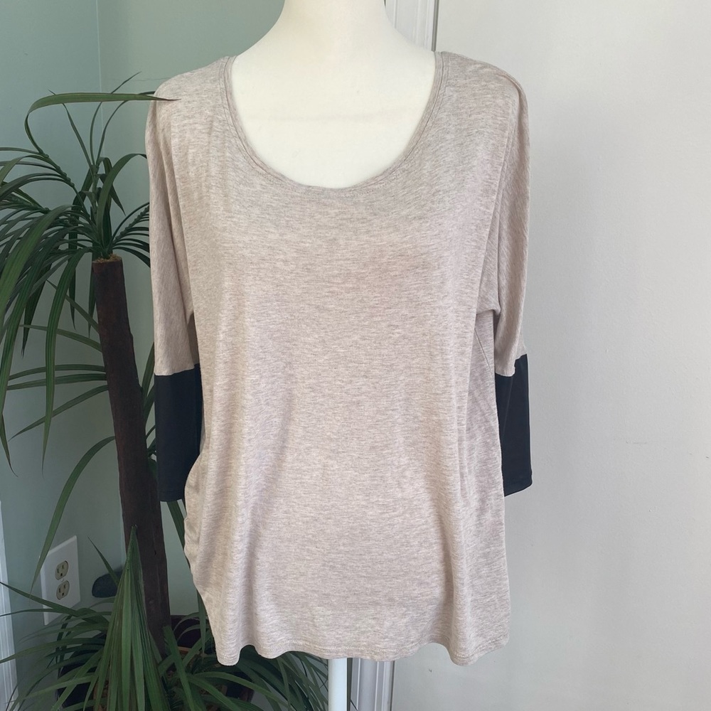 Tan Swoop Neck Top with Faux leather sleeve details